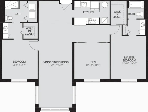 Black and white floor plan showing two bedrooms, den, living/dining room, kitchen, two bathrooms, and two walk-in closets. Rooms are labeled with dimensions.