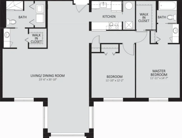 Black and white floor plan of a two-bedroom, two-bath apartment with kitchen, living/dining room, and two walk-in closets.