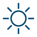 A simple blue sun icon with a circle center and eight straight rays on a light gray background.