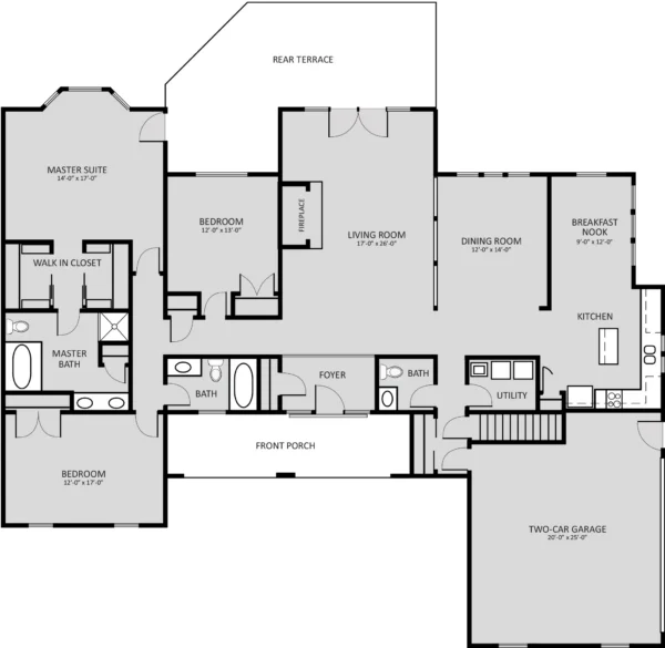 Black and white floor plan of a single-story house showing bedrooms, bathrooms, kitchen, living spaces, utility room, two-car garage, front porch, and rear terrace.