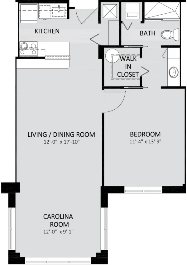 One-bedroom apartment floor plan with kitchen, bath, walk-in closet, living/dining room, Carolina room, and labeled measurements for each area.