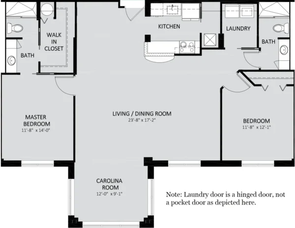Black and white floor plan of a residence with two bedrooms, two baths, kitchen, laundry room, living/dining area, Carolina room, and walk-in closet; note clarifies laundry door is hinged.