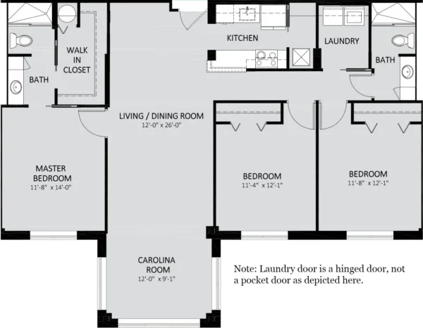 Black and white floor plan of a three-bedroom, two-bathroom home with kitchen, laundry room, walk-in closet, and labeled room dimensions. Note specifies laundry door is hinged, not a pocket door.