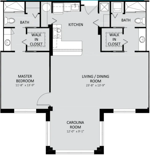 Floor plan of a two-bedroom apartment with two baths, kitchen, living/dining area, two walk-in closets, and a Carolina room.