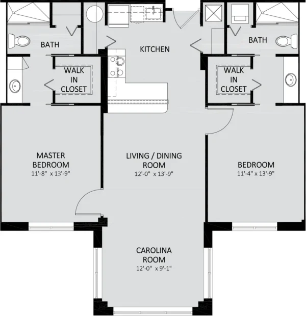 Floor plan showing two bedrooms, two bathrooms, a kitchen, living/dining room, walk-in closets, and a Carolina room. Bedrooms and bathrooms are on opposite sides of the living area.