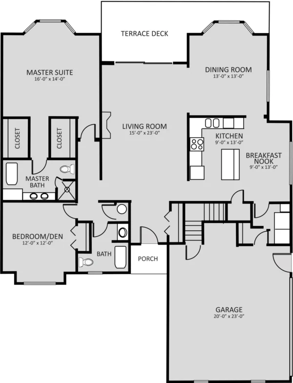 Floor plan of a single-story home featuring two bedrooms, two bathrooms, kitchen, dining room, living room, breakfast nook, terrace deck, porch, and attached garage.