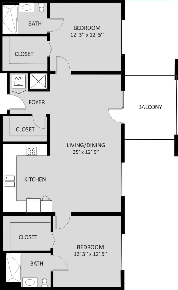 Floor plan of a two-bedroom, two-bath apartment with kitchen, living/dining area, closets, foyer, washer/dryer, and balcony.