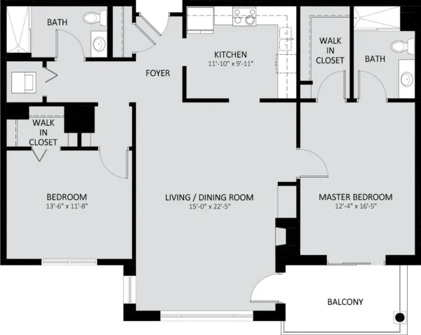 Floor plan of a two-bedroom, two-bath apartment featuring a kitchen, living/dining room, foyer, three walk-in closets, and a balcony.