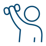Simple line drawing of a person lifting a dumbbell with one hand raised above their head on a light background.
