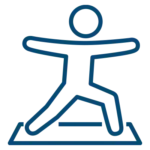 Simple line drawing of a person standing on a mat with arms and legs spread, suggesting a yoga or exercise pose.